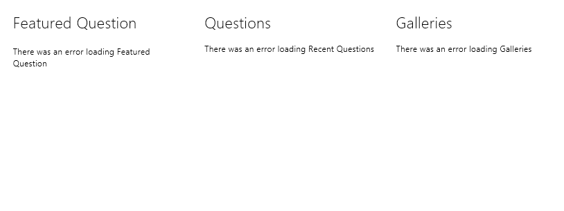 screenshot of the ChaCha app for Windows 8 loading no content within its three columnns of the featured question, other questions and galleries